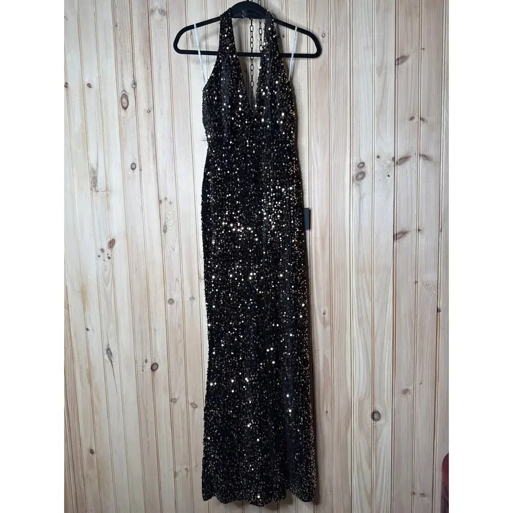 NWT Lulus Mesmerizing Diva Black Sequin Wide-Leg Halter Jumpsuit Party Size XS - Picture 2 of 9